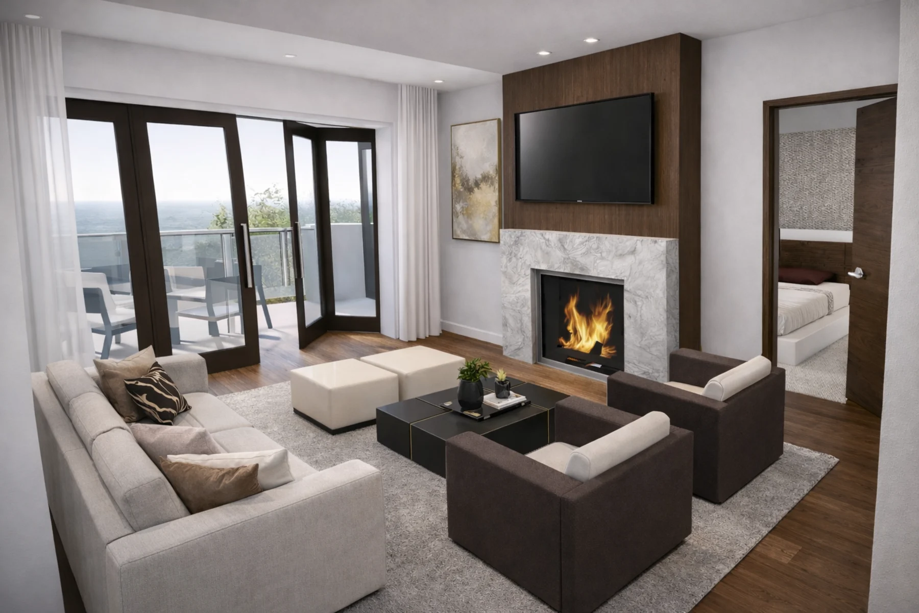 A warm modern living room with a marble fireplace and wood accent wall